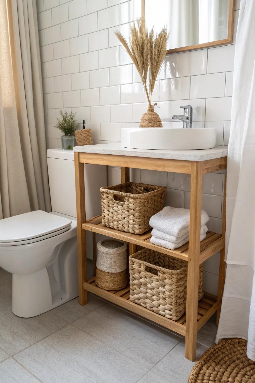 A chic over-the-toilet shelf table that adds storage with warm wood + woven baskets.