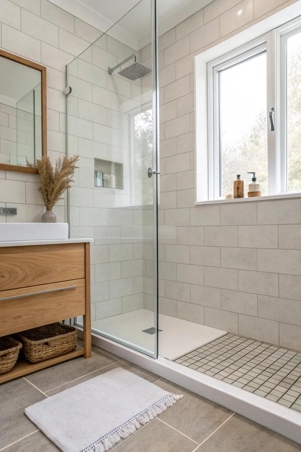 Extend the same floor tile into the shower for a seamless, wider-looking small bathroom.