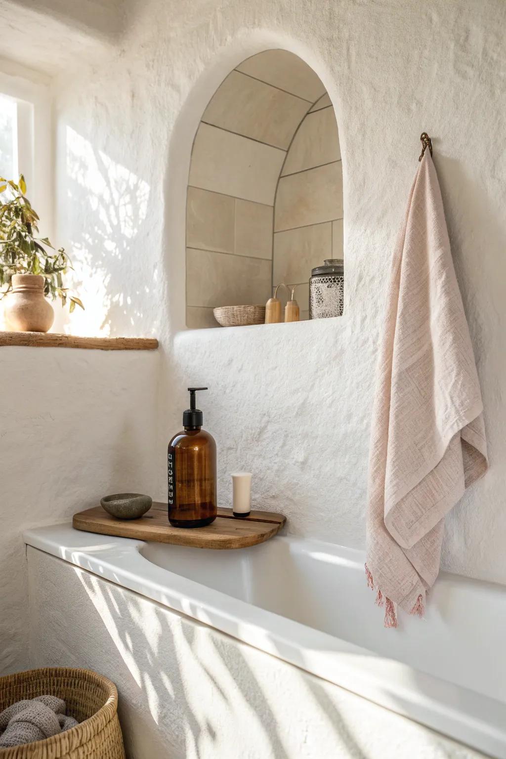 A built-in shower niche keeps your small tub clutter-free—simple, serene, and stylish.