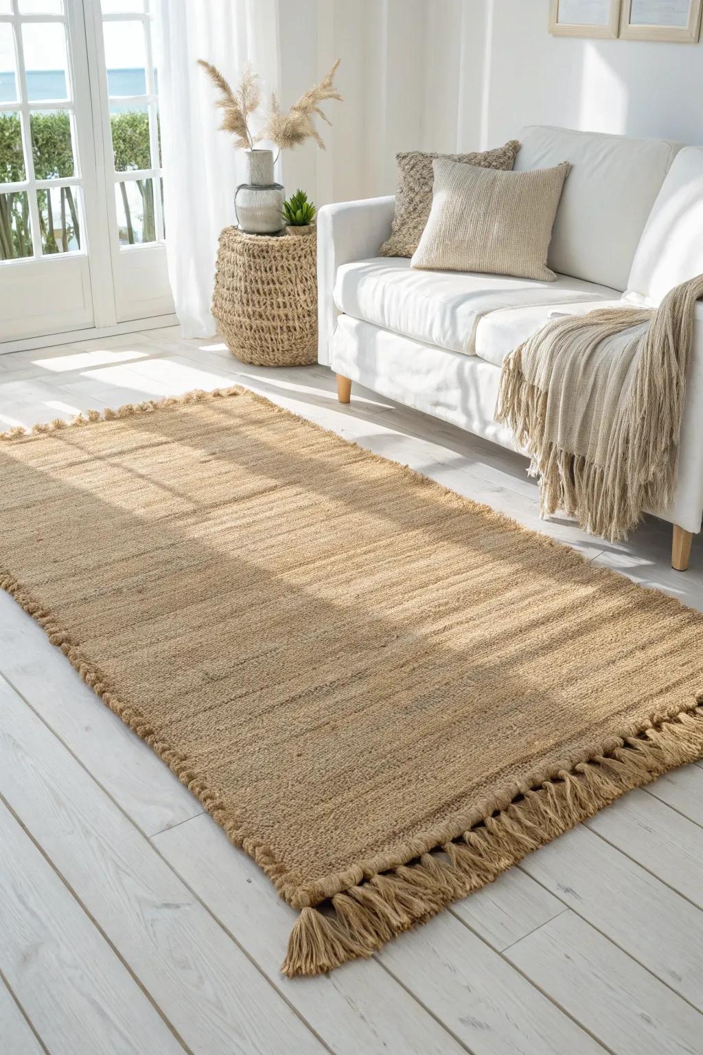 An oversized jute rug warms a small beach condo, keeping the space light, airy, and calm.