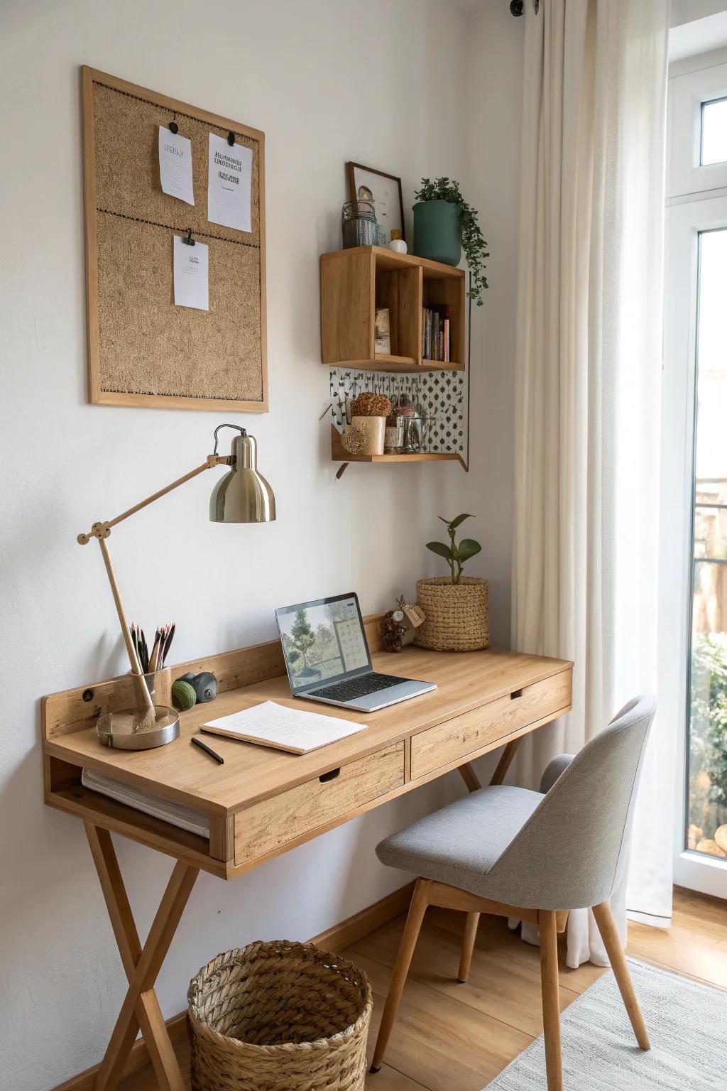 A shallow slim desk keeps a bedroom office functional without blocking precious floor space.