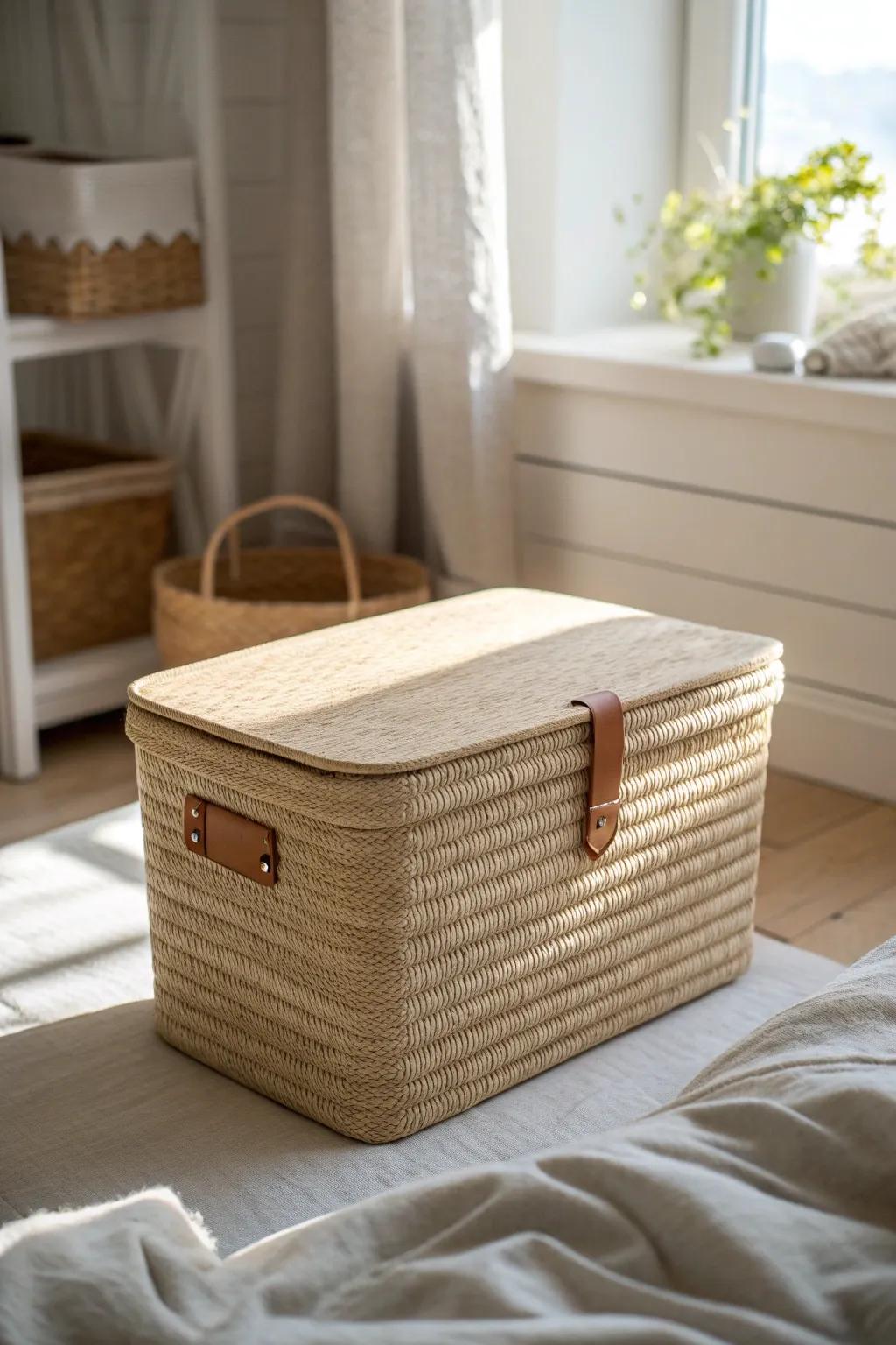 Hide tiny bedroom clutter in chic lidded bins—calm, clean surfaces instantly.