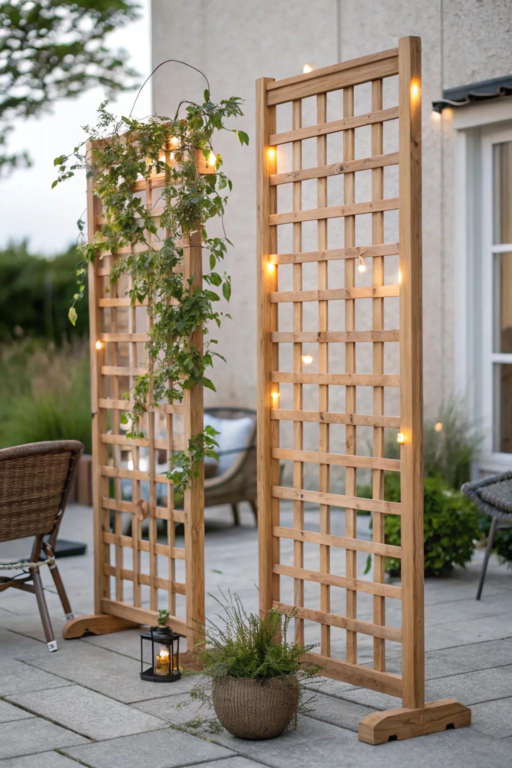 A simple trellis wall turns a tiny patio into a cozy, private boho “secret garden” nook.