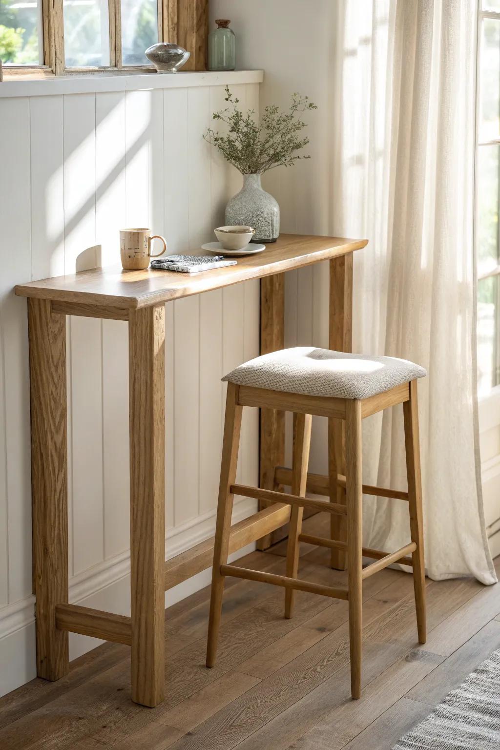 A slim wall counter adds bar seating without crowding your tiny break room.