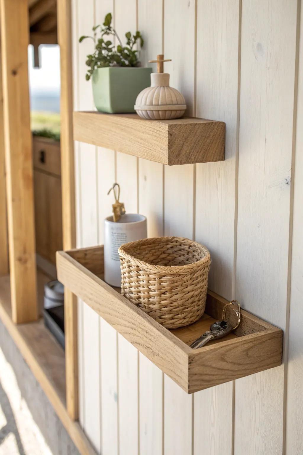 A slim floating shelf lifts breezeway essentials off the floor—pretty, practical, and bump-free.
