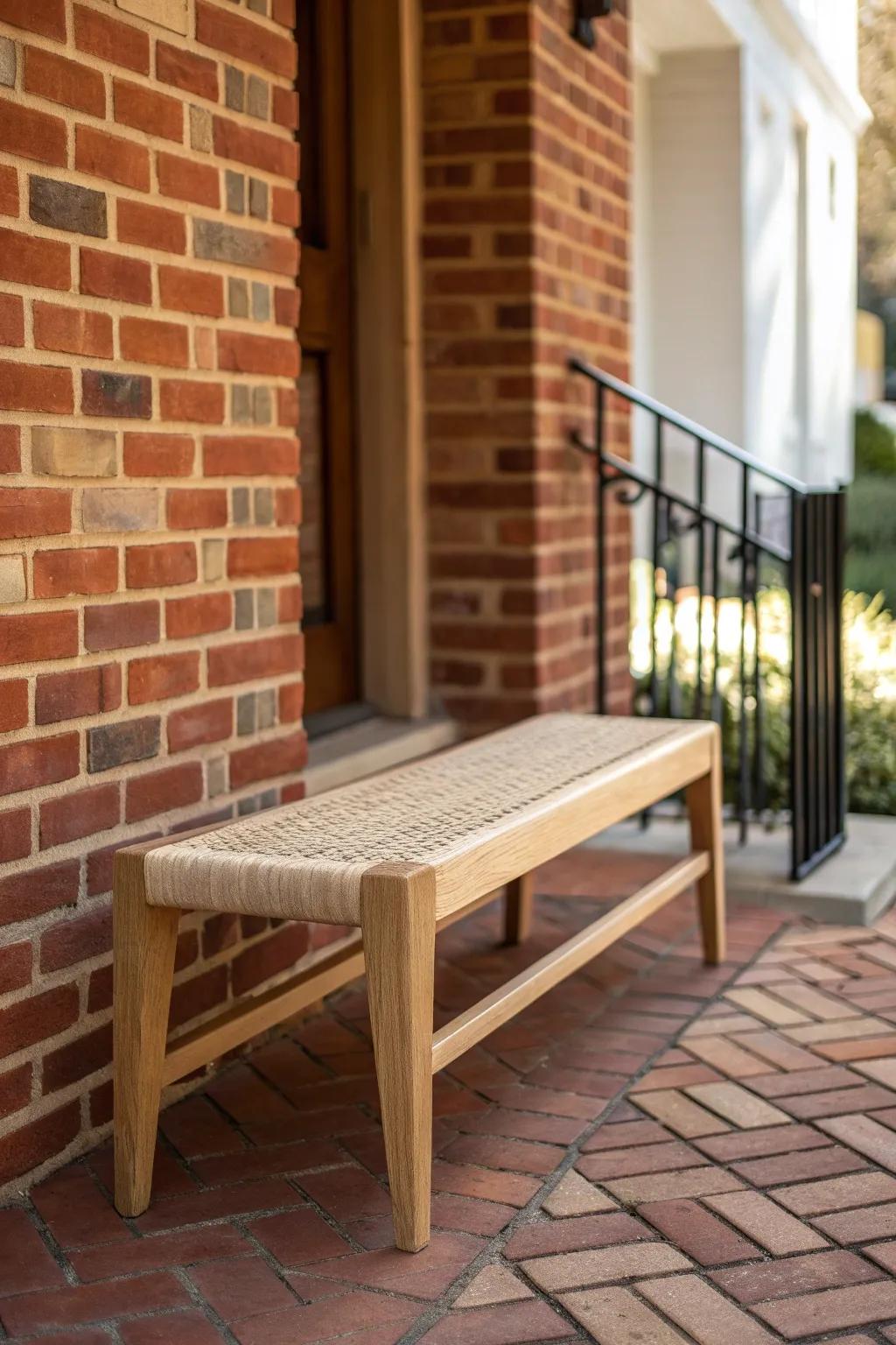 A slim bench adds cozy function to a tight brick porch—seating without blocking the entry.