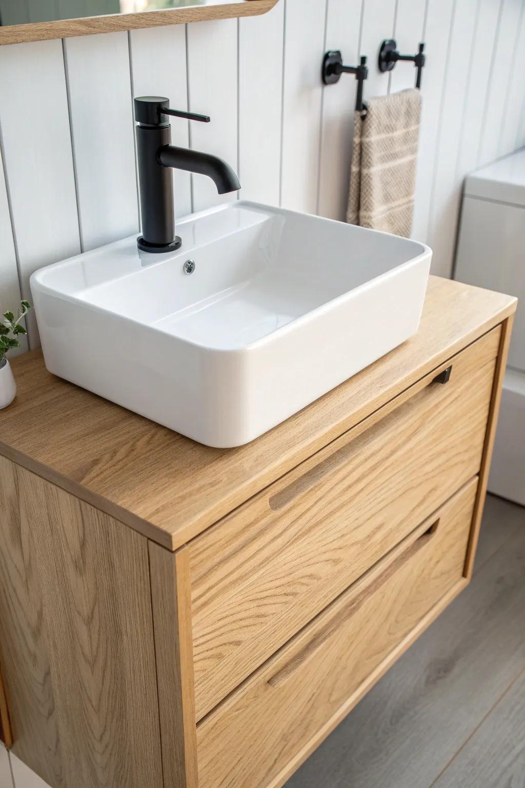 A slim wall-mounted vanity keeps a tiny cabin bathroom open, airy, and easy to move in.