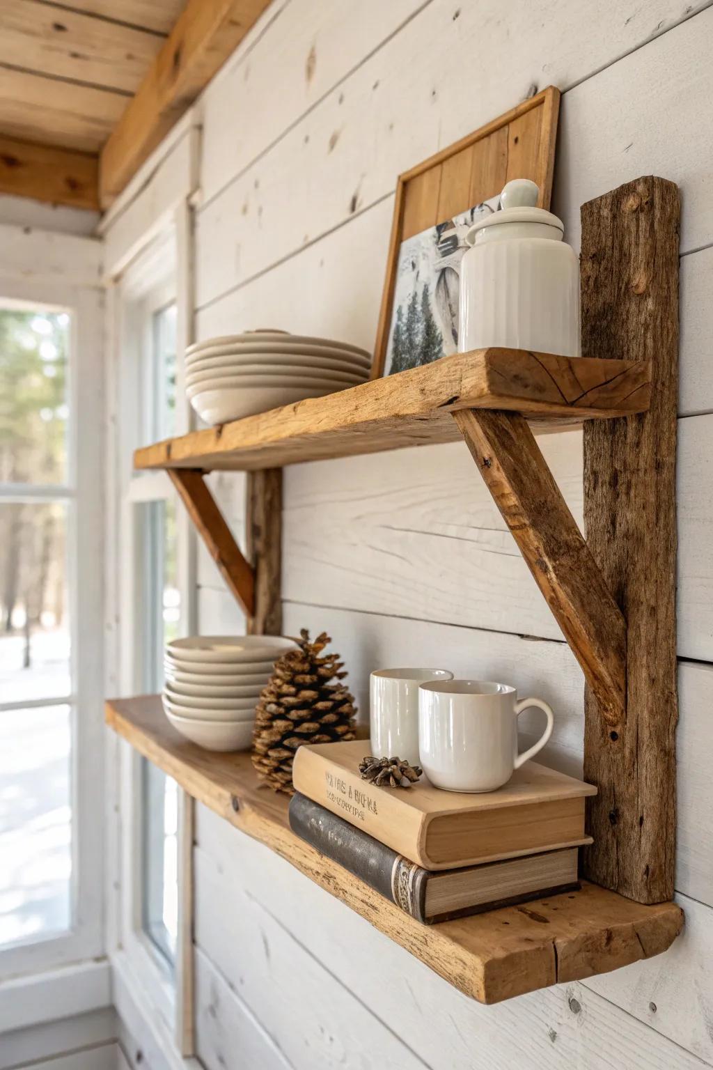 Reclaimed-wood open shelf styling: warm grain, simple mugs, and one nature find—airy cabin charm.