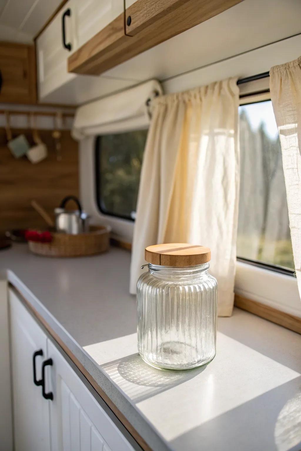 A single glass jar on open shelving brings calm, curated style to the tiniest camper galley.