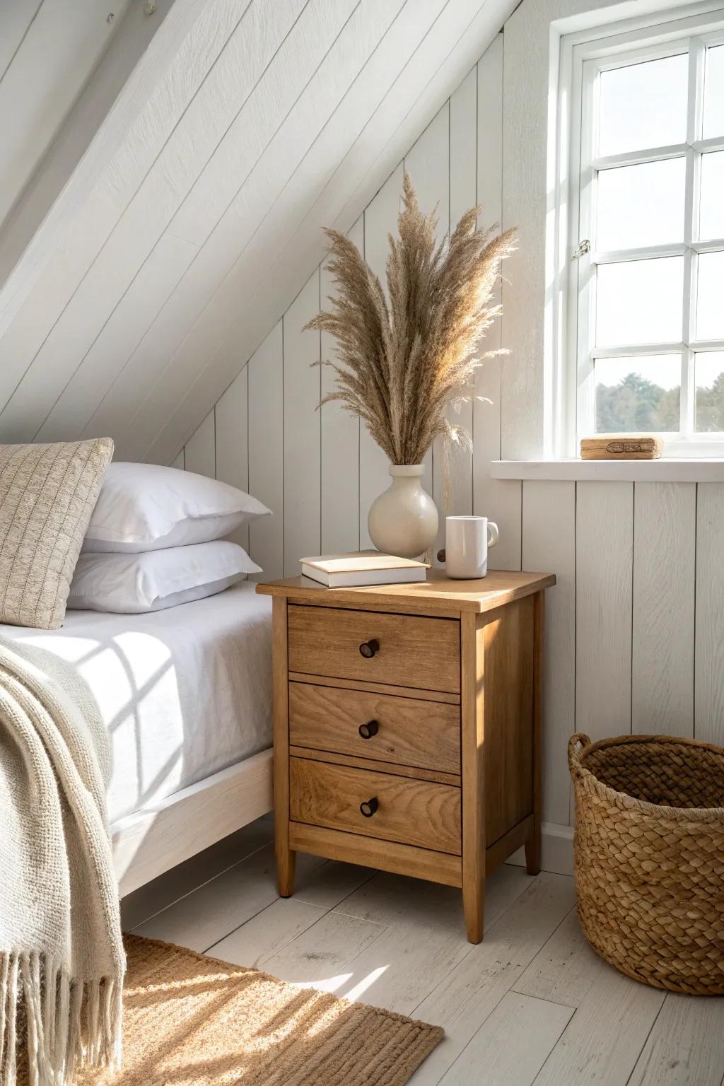 A centered dormer + one simple nightstand creates symmetry and calm in a tiny Cape Cod attic.