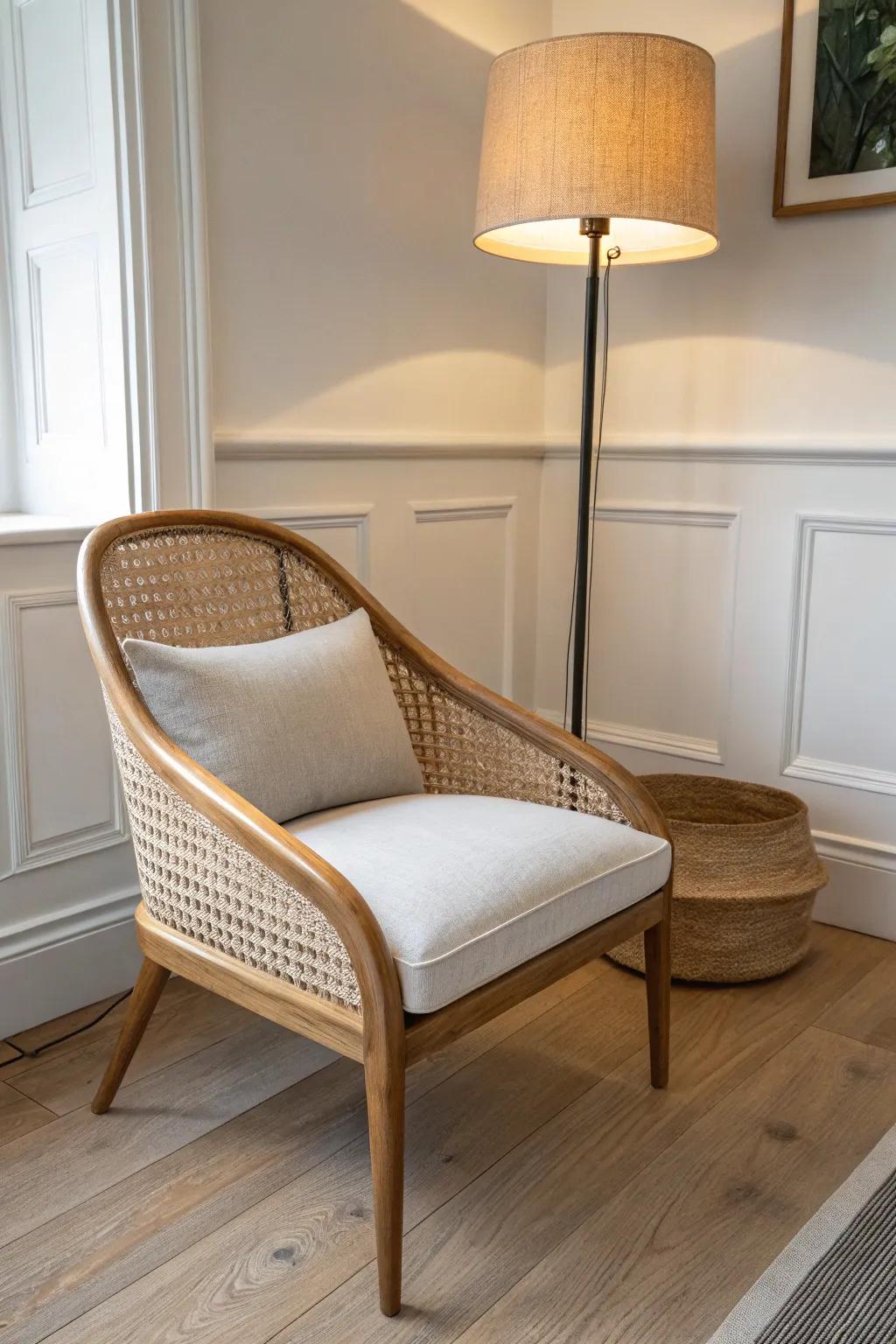 A petite woven chair + slim floor lamp create a calm bedtime reading corner in any room.