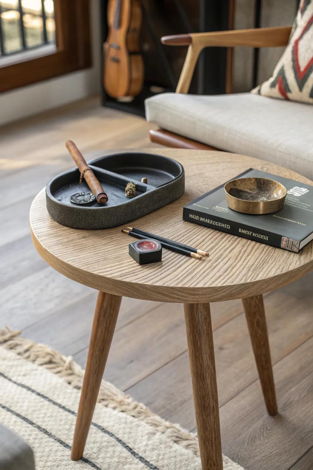 A petite round side table keeps cigar essentials tidy—ashtray zone + tray in warm minimal style.