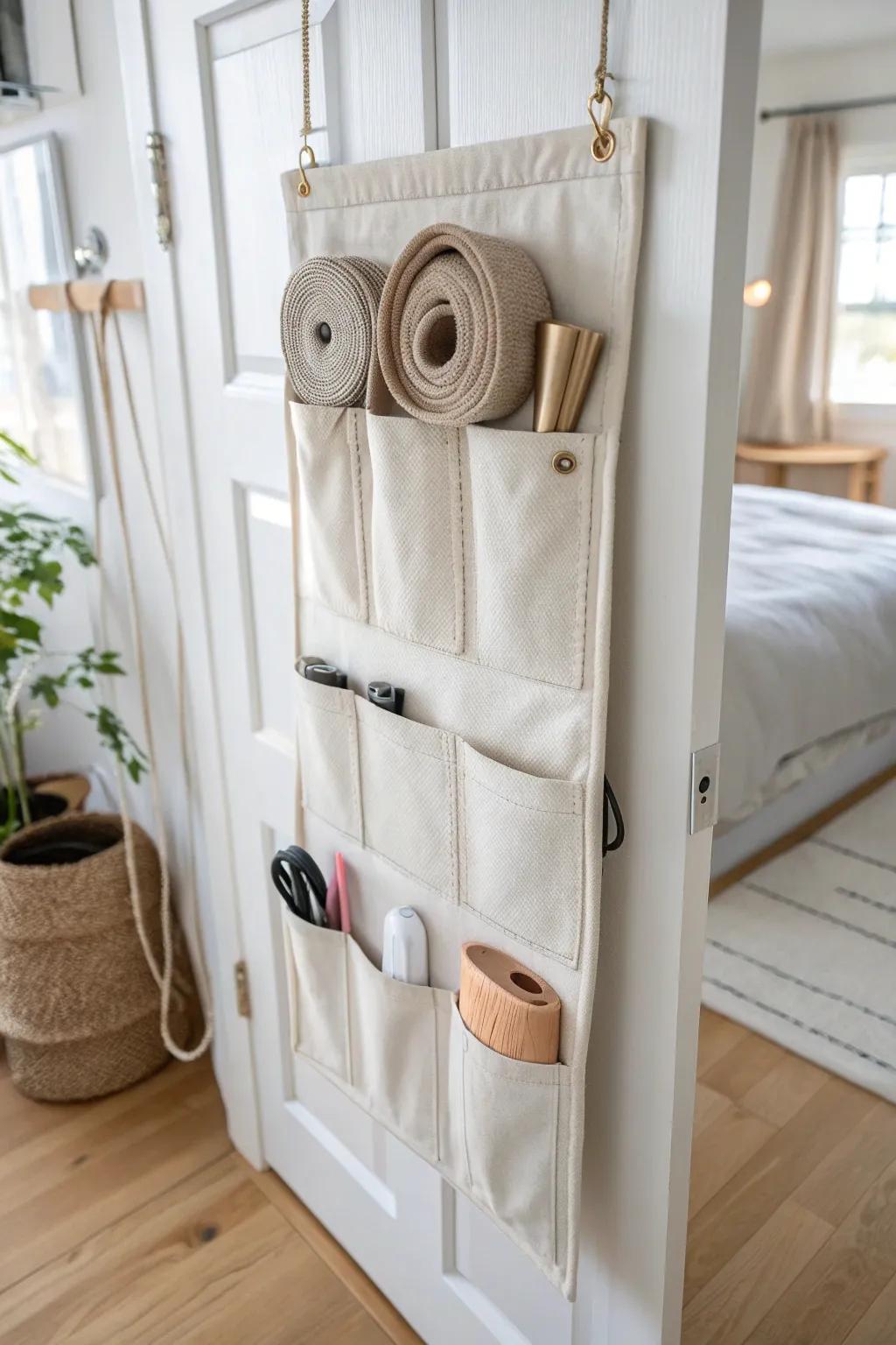 Turn a swinging closet door into storage with a chic pocket organizer—no clutter, all calm.