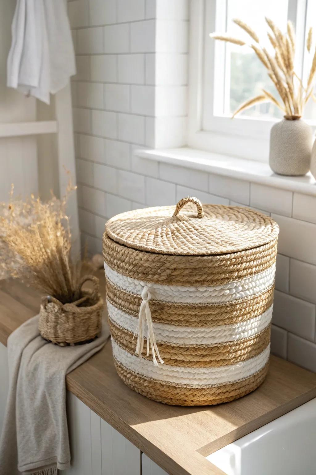 A woven seagrass basket adds coastal charm while hiding toiletries on open shelves.