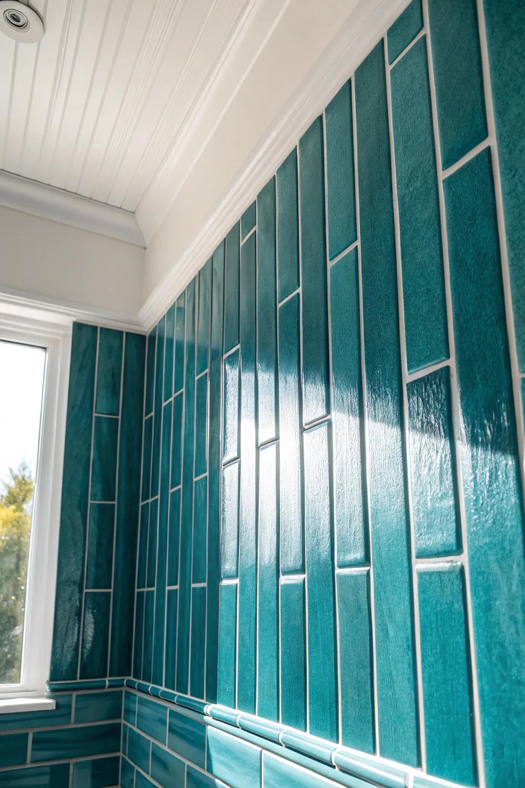 Vertical stacked tile in bold color draws the eye up—instant height for the tiniest bathroom.