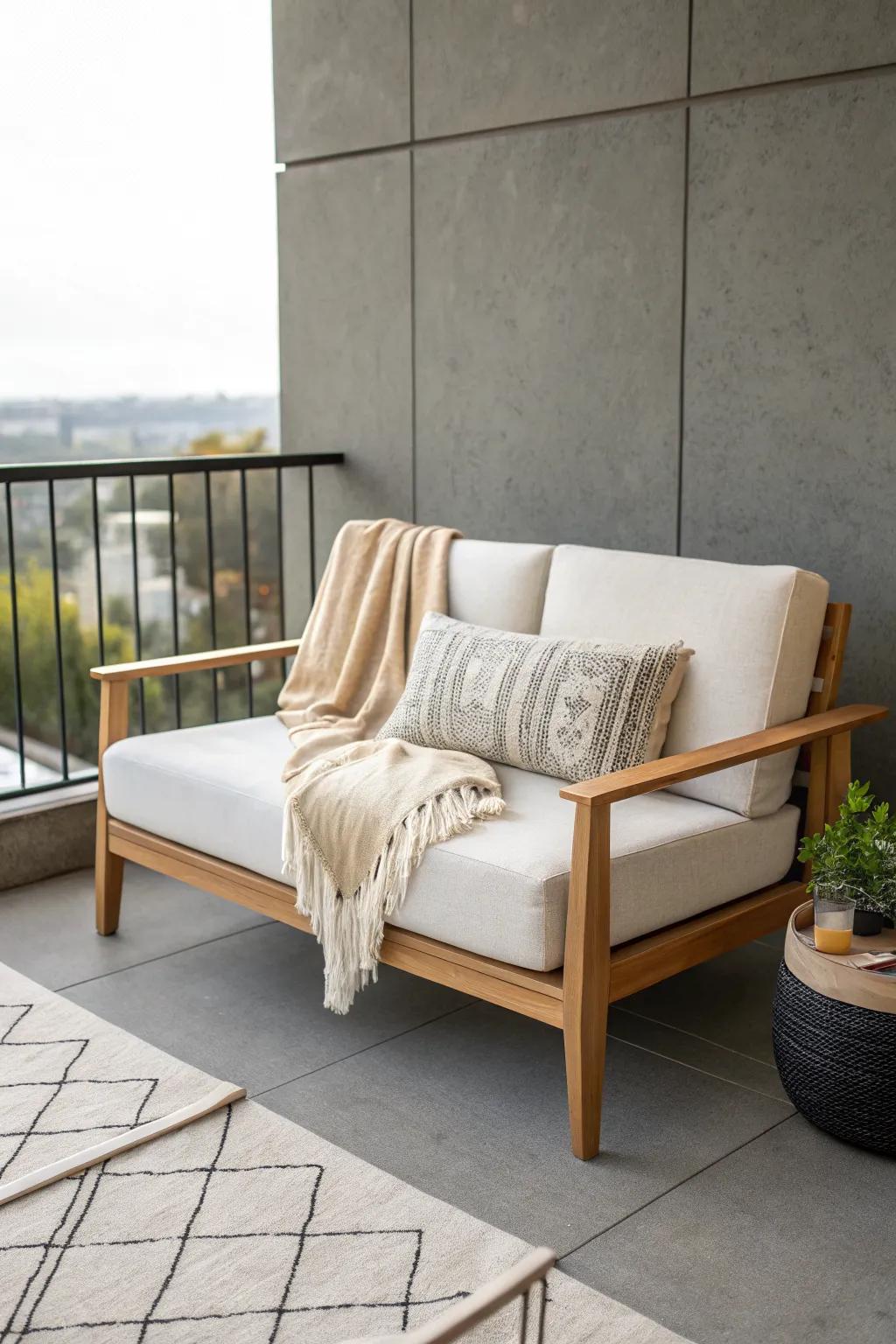 Slim-armed compact loveseat: the easiest way to make a tiny condo patio feel calm and designed.