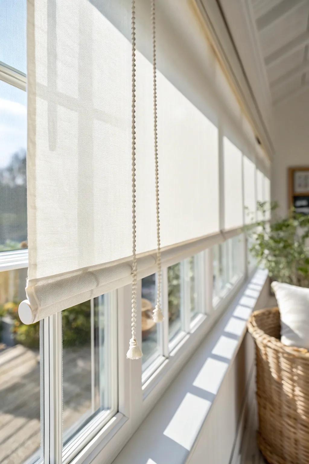 Slim light-filtering shades tame heat in small conservatories—neutral tones that disappear when raised.