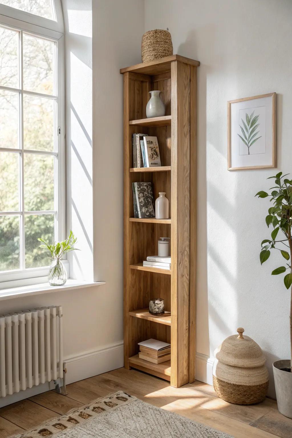 A slim corner bookcase that adds storage without clutter—books, one vase, one plant.