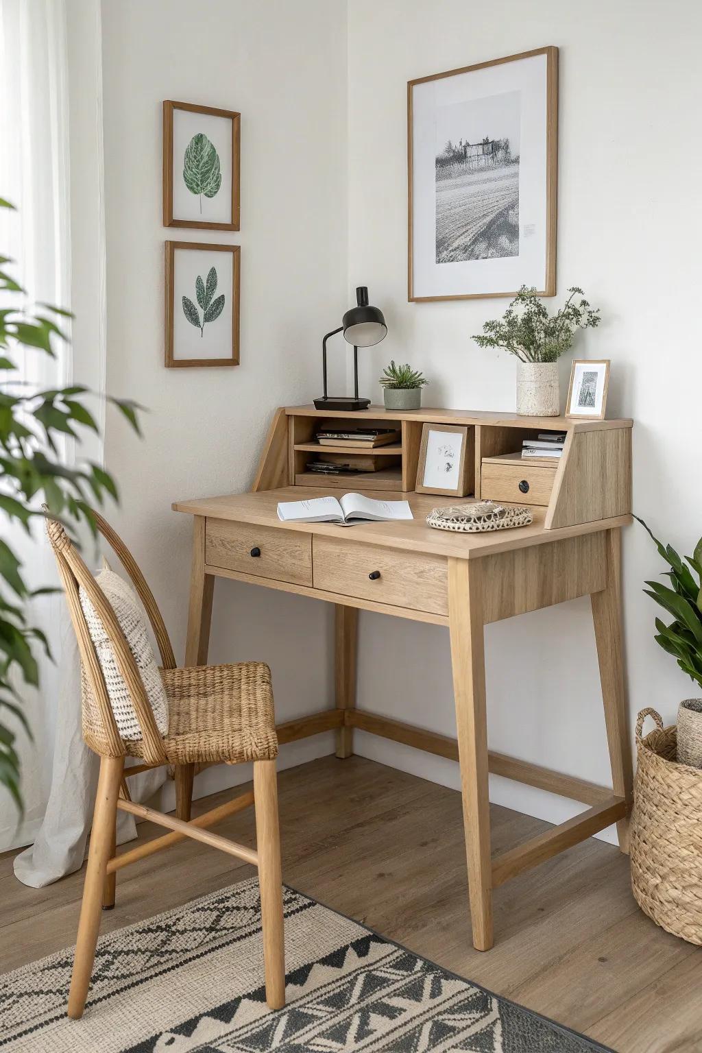 Blend-in living room corner desk in pale oak, styled simply with a framed print and a plant.