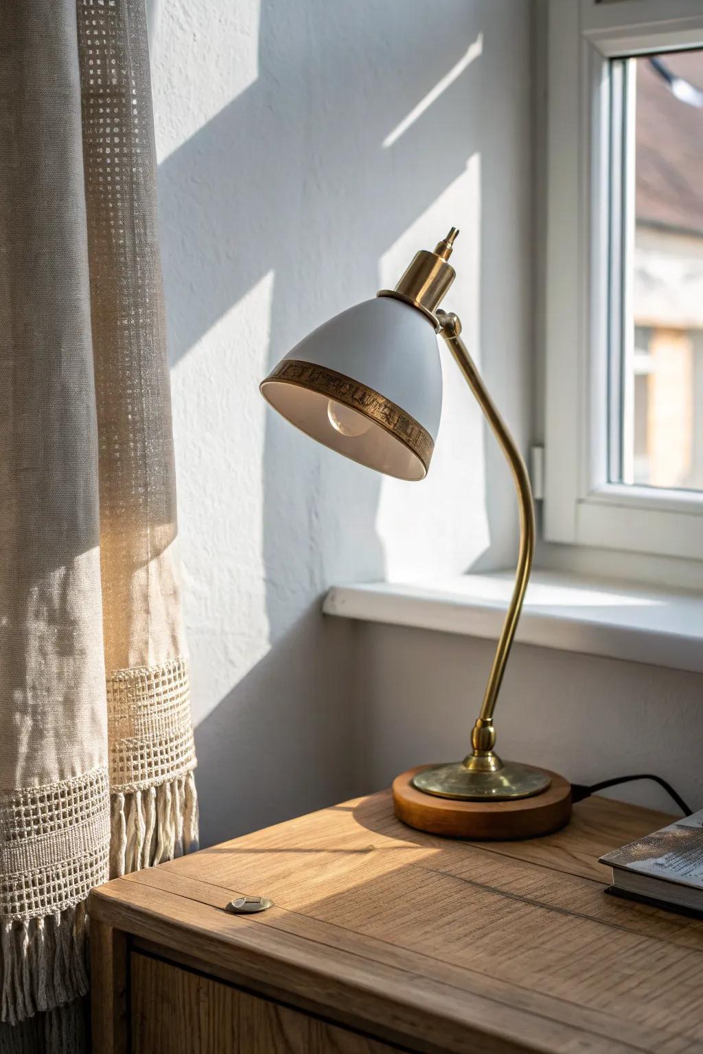 A tiny task lamp makes your corner desk feel intentional and cozy for late-night work.