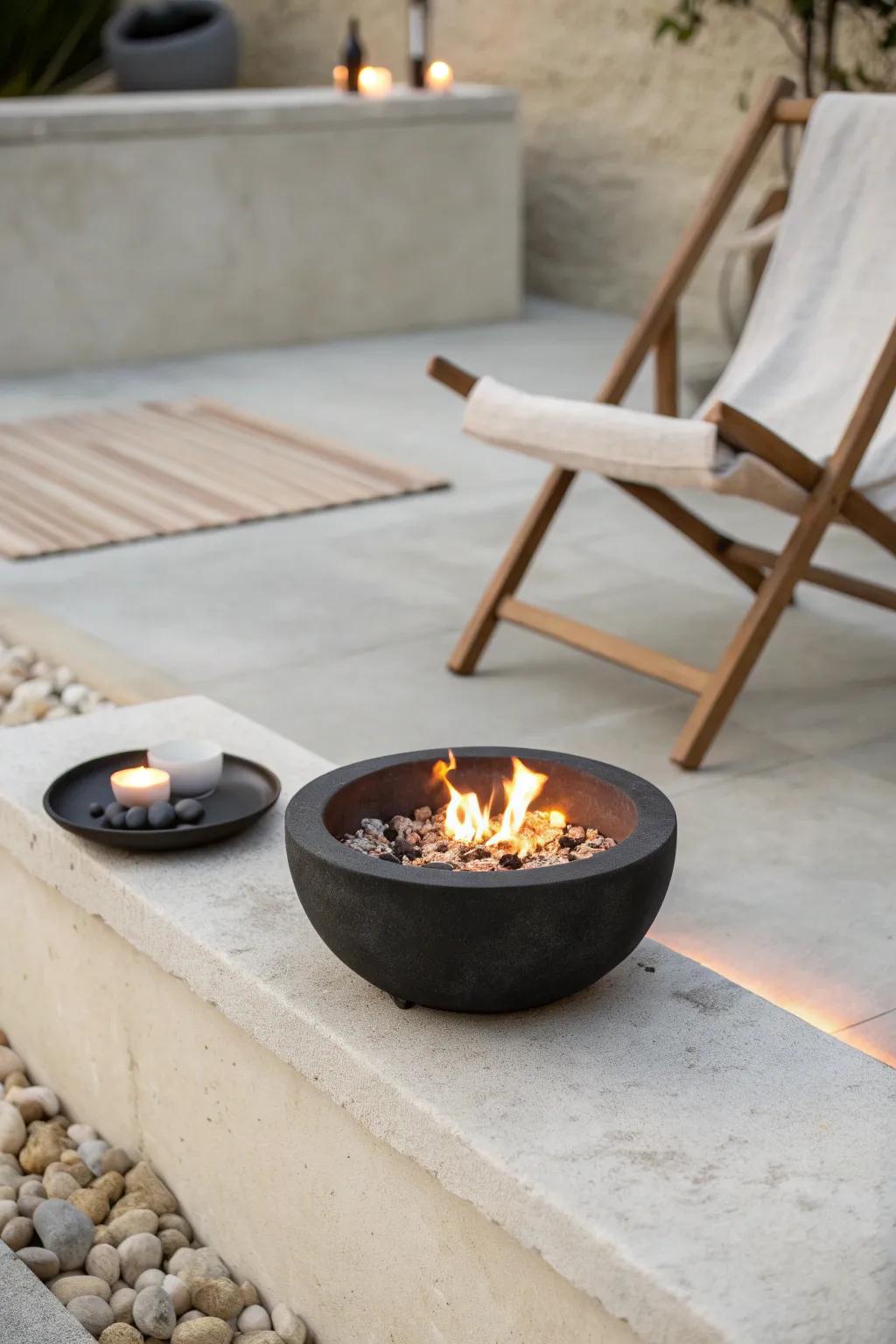A compact fire feature turns a tiny corner patio into the coziest focal point.