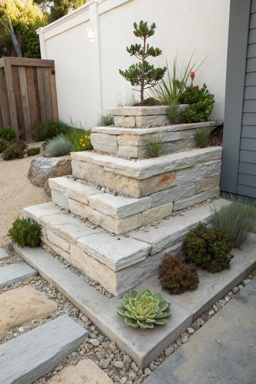 Tiered stacked stone slabs turn a tiny corner into a layered, calm rock garden moment.