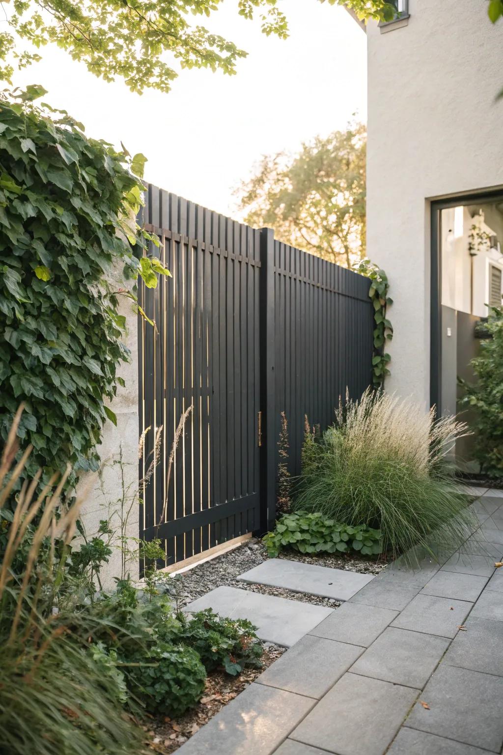 A deep charcoal fence makes greenery pop—and visually pushes boundaries back in tiny courtyards.