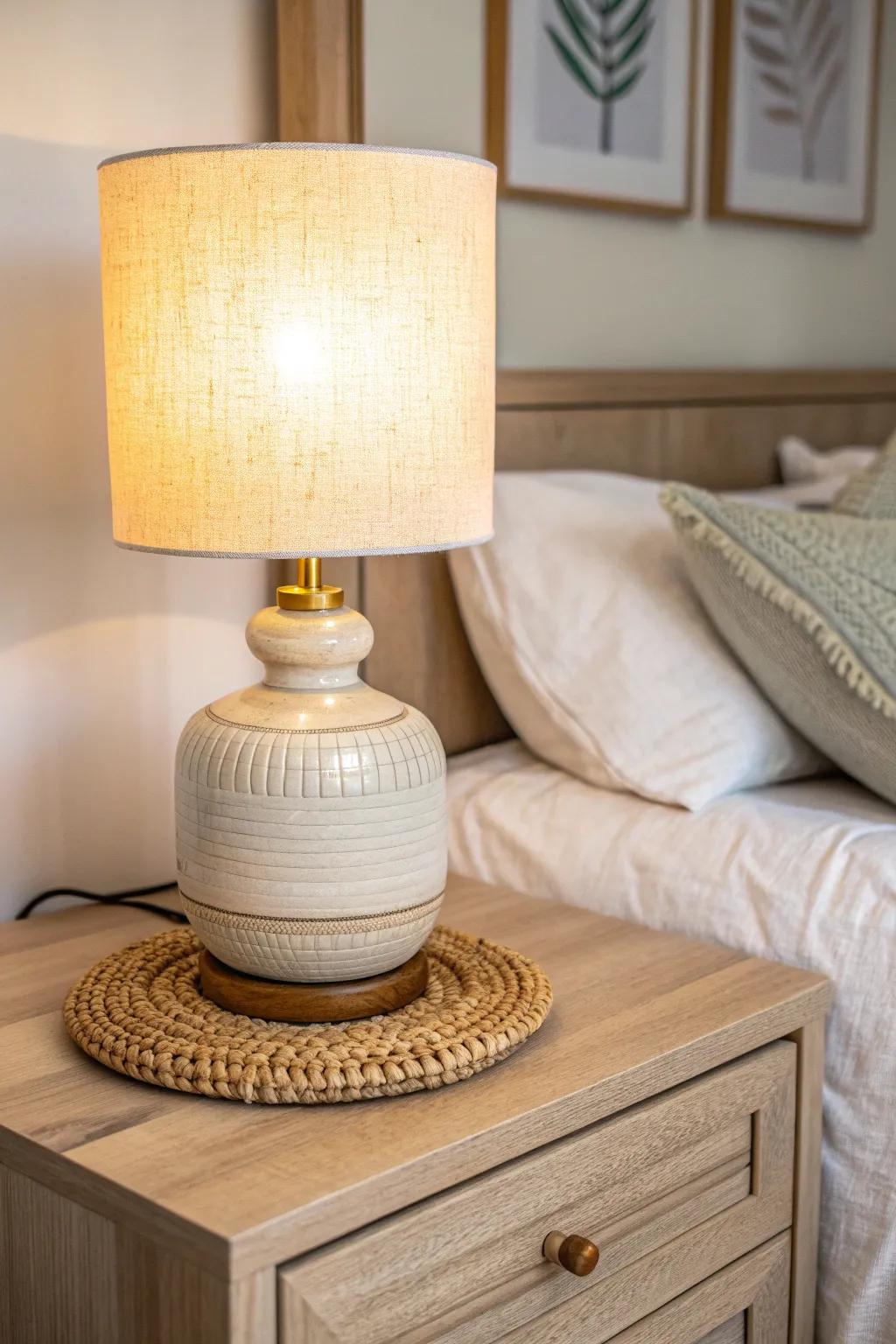 Layered warm light: one handcrafted bedside lamp creates instant cozy minimal bedroom vibes.