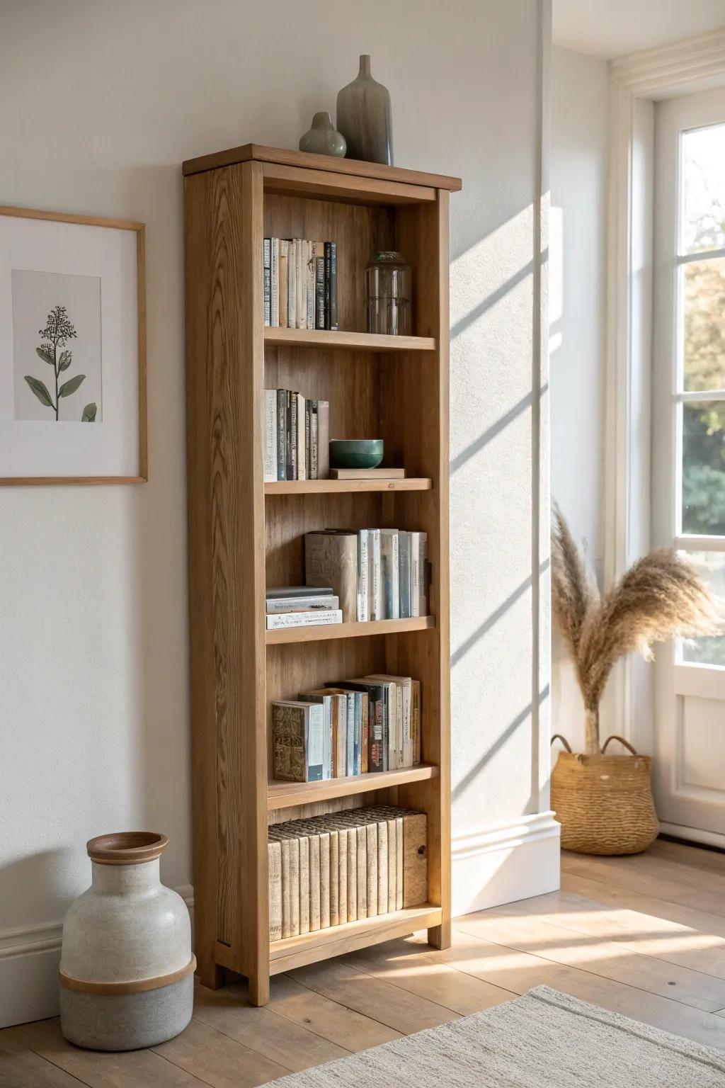 Build a mini library wall: a slim oak bookshelf that warms up any small den.