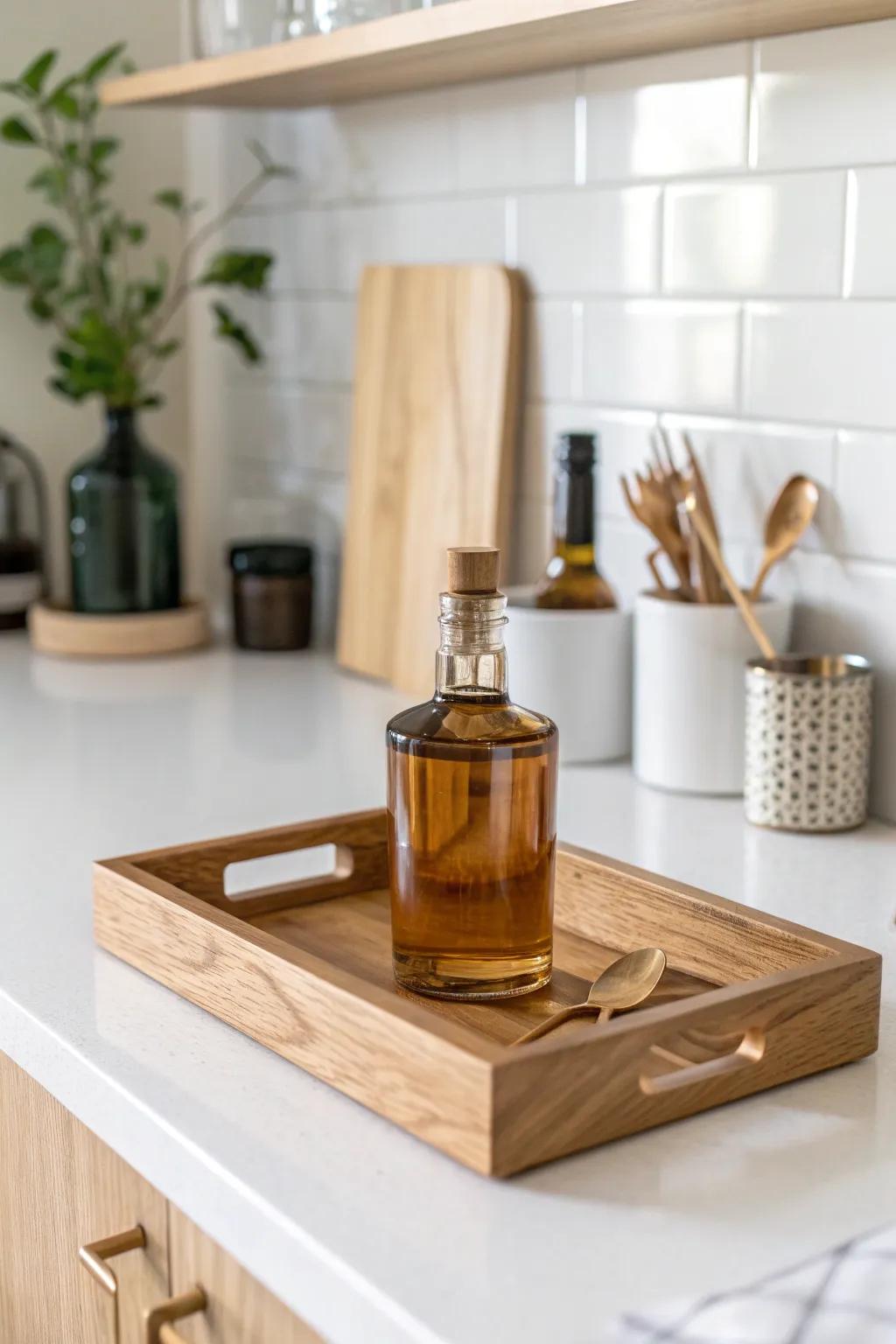 Turn the counter end into a chic mini dry bar—one tray, one shelf rail, endless style.