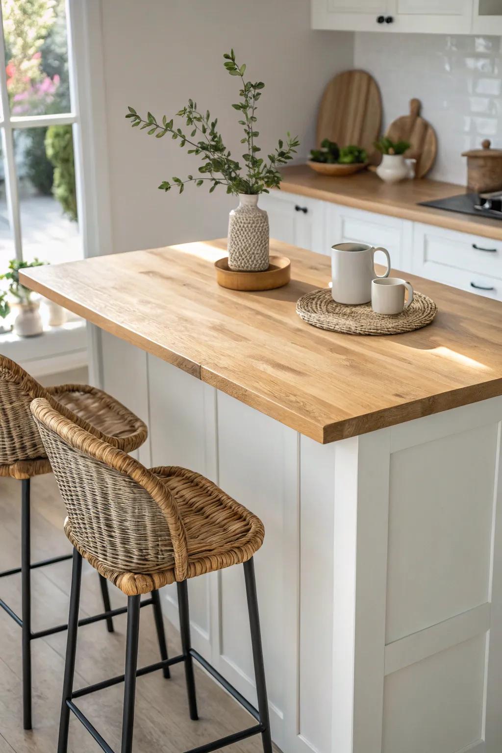 A compact island that’s prep space by day and a cozy dining spot by night.