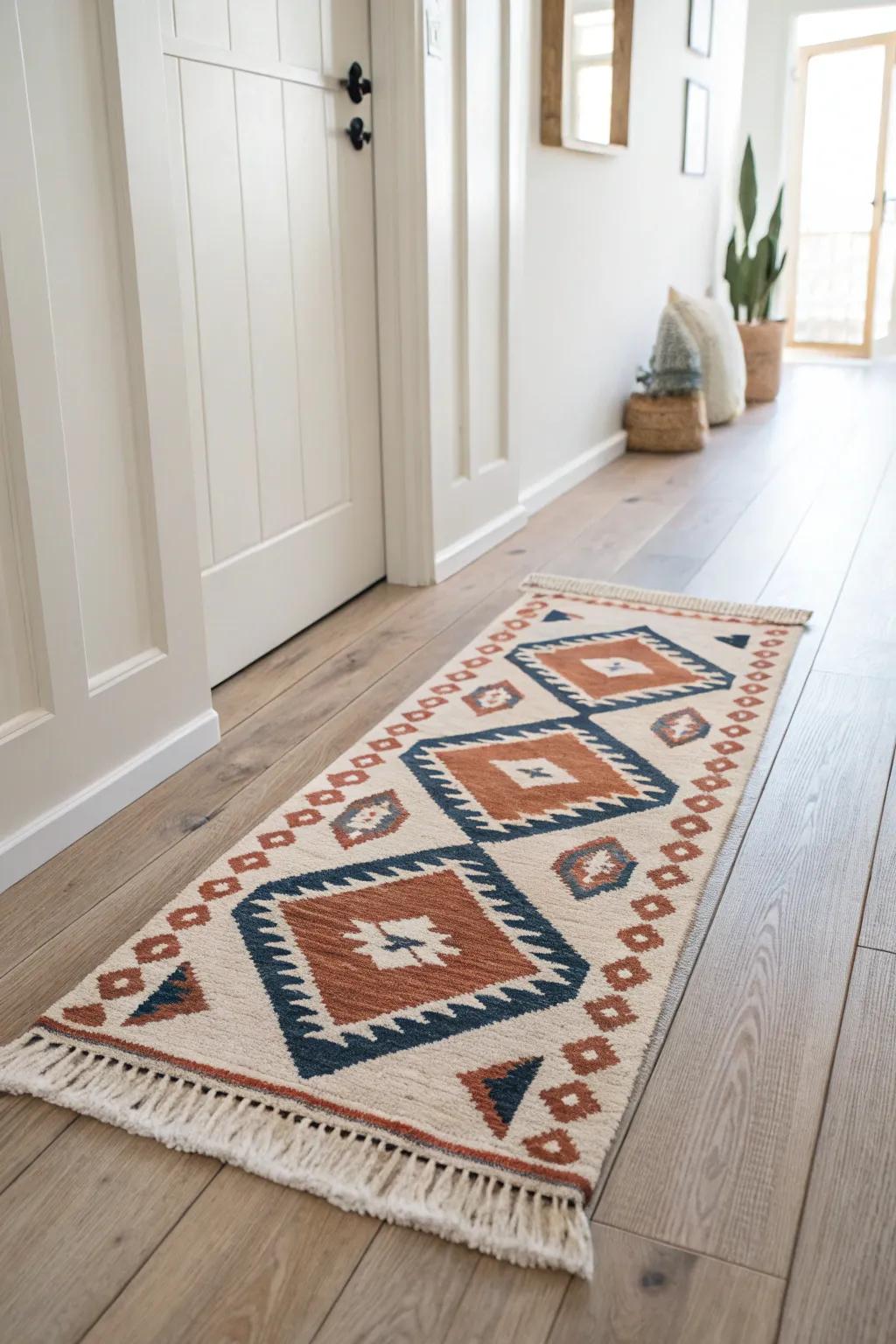 Soft neutrals keep it airy—one bold handwoven runner adds instant small-entry personality.