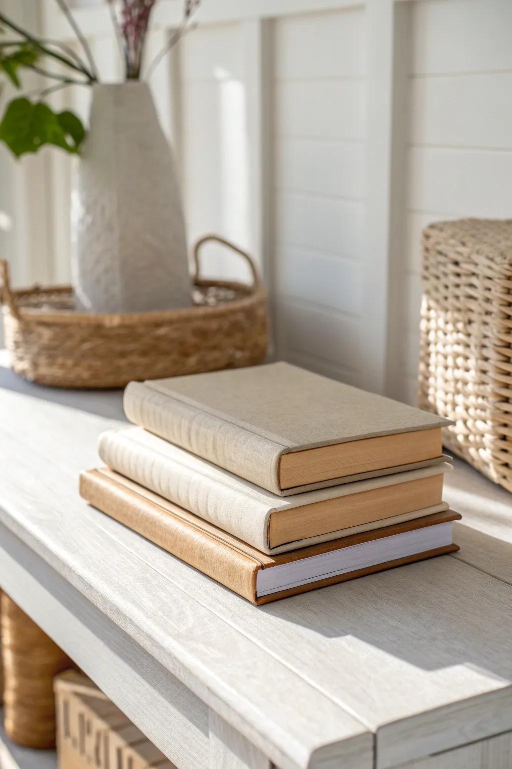 A simple 2–3 book stack adds height and intention—perfect for styling a tiny entry table.