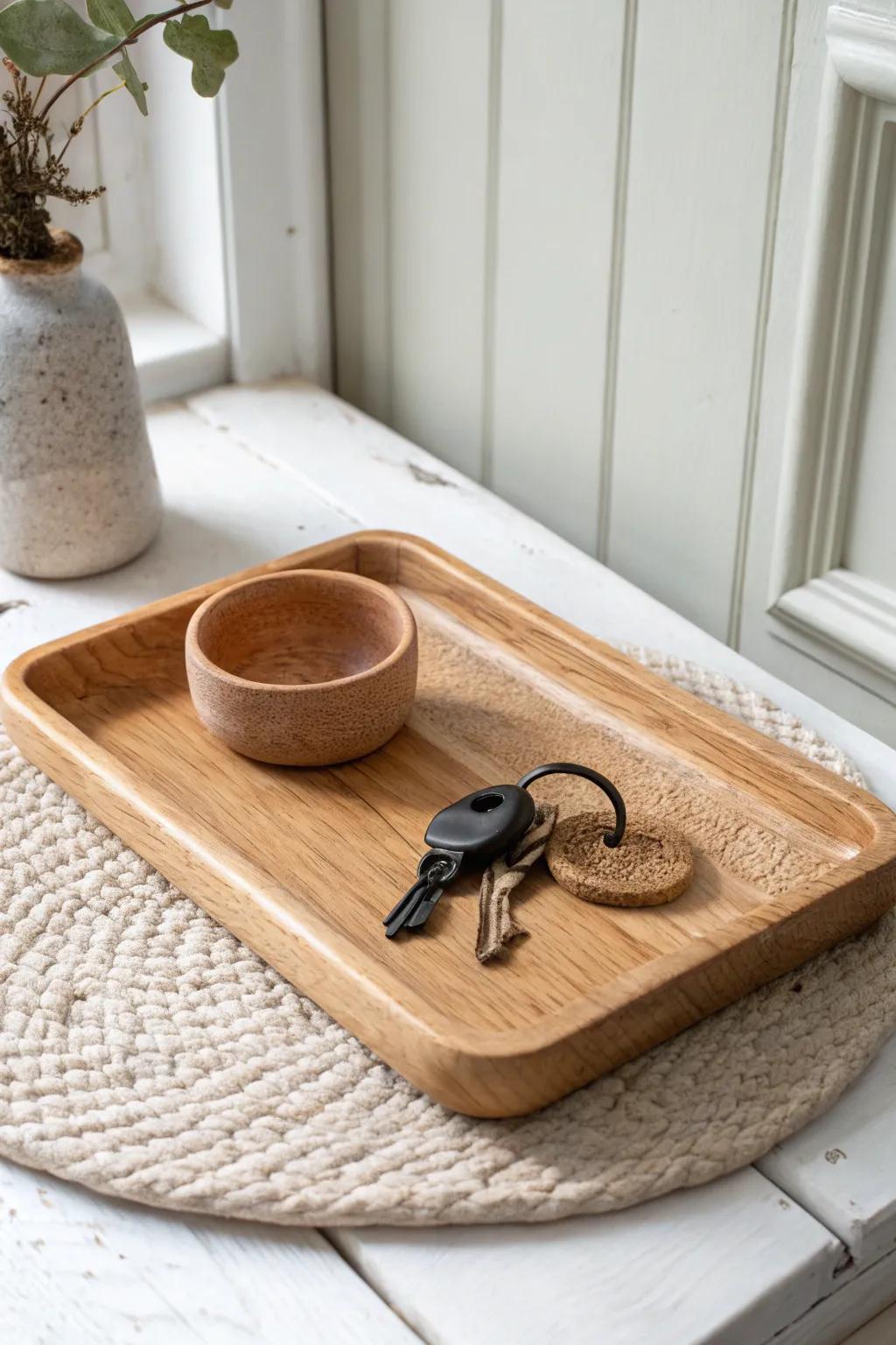 A tiny landing tray by the bench keeps keys in one beautiful, calm spot—no more daily scramble.