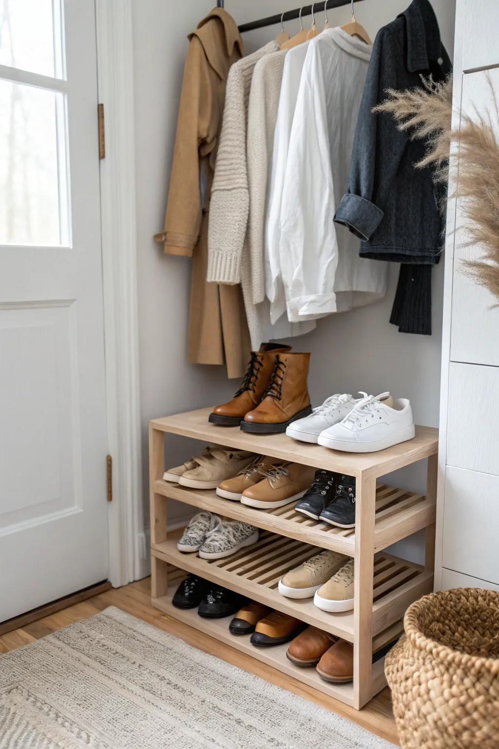 Turn the bottom of your coat closet into a calm shoe zone with stacked wooden risers.