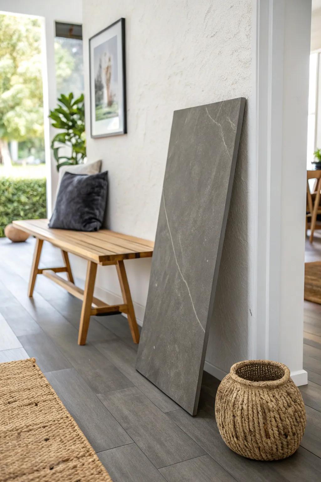 Matte stone-look tile adds a grounded vibe—and extra grip—for tiny entryway foyers.