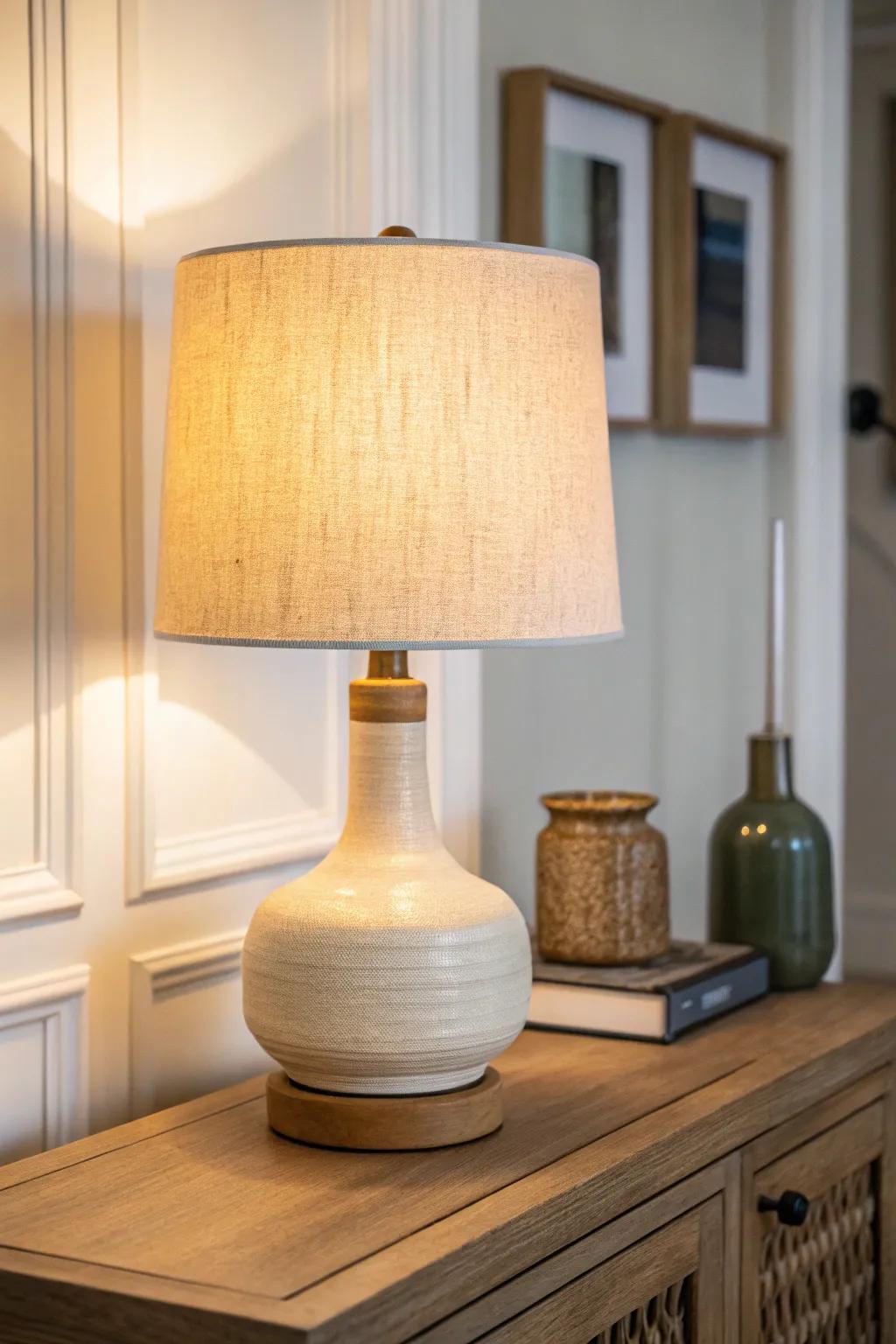 A soft-glow table lamp turns a slim entryway table into a cozy landing zone after dark.