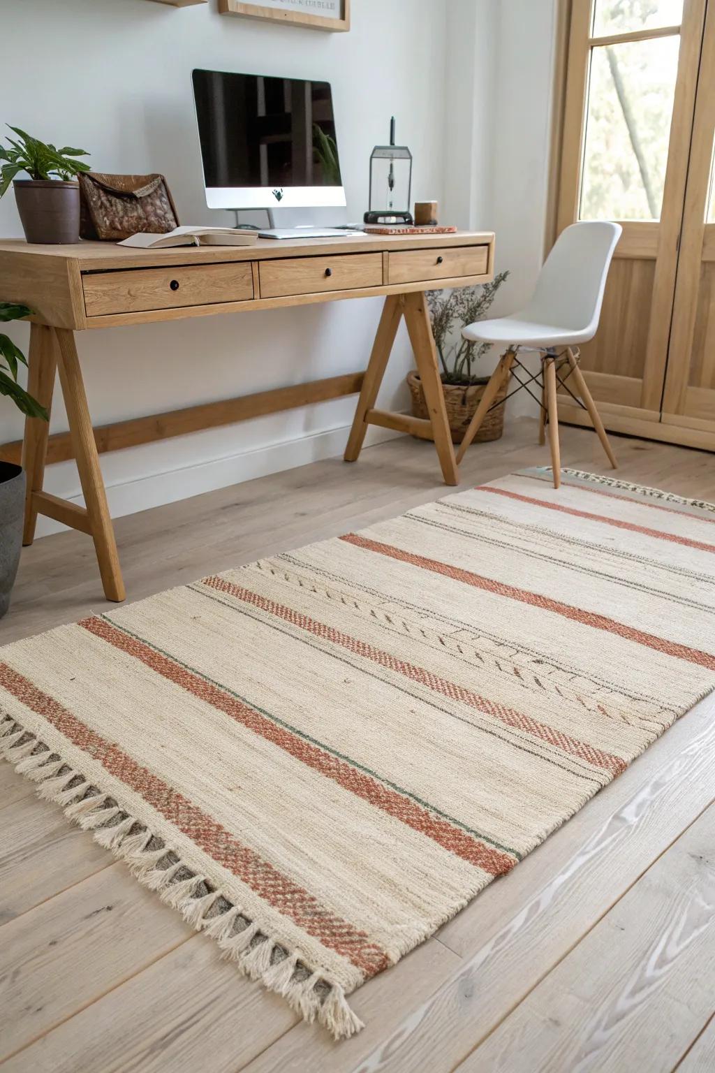 A well-sized woven rug defines your executive desk zone—grounded, luxe, and space-smart.