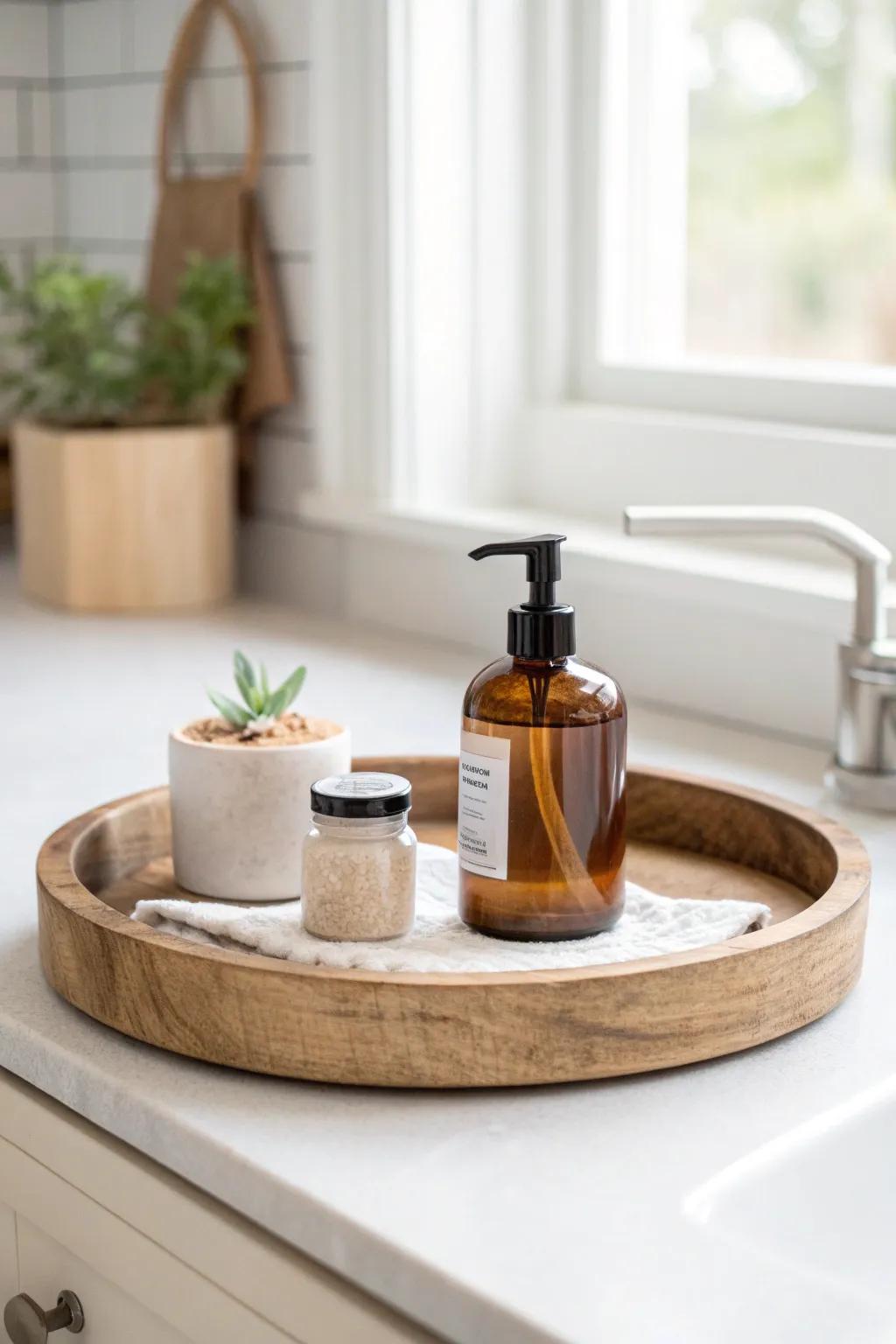 One thrifted tray turns countertop clutter into a calm, budget-friendly farmhouse moment.