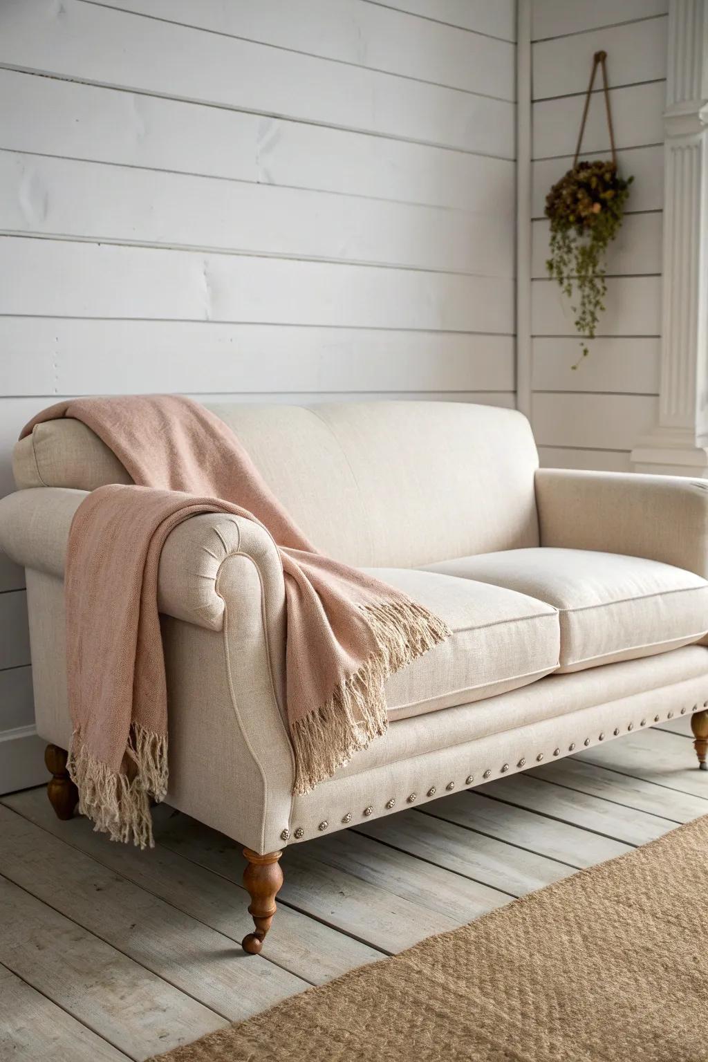 Float your sofa off the wall to add breathing room and make a small farmhouse living room flow.