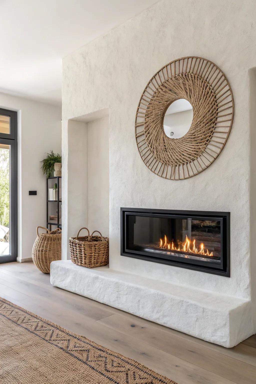 A recessed fireplace keeps the floor clear while adding a sleek, cozy focal point.