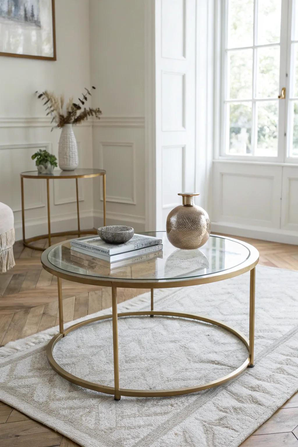 Swap bulky tables for a slim glass coffee table to keep small formal rooms light and open.
