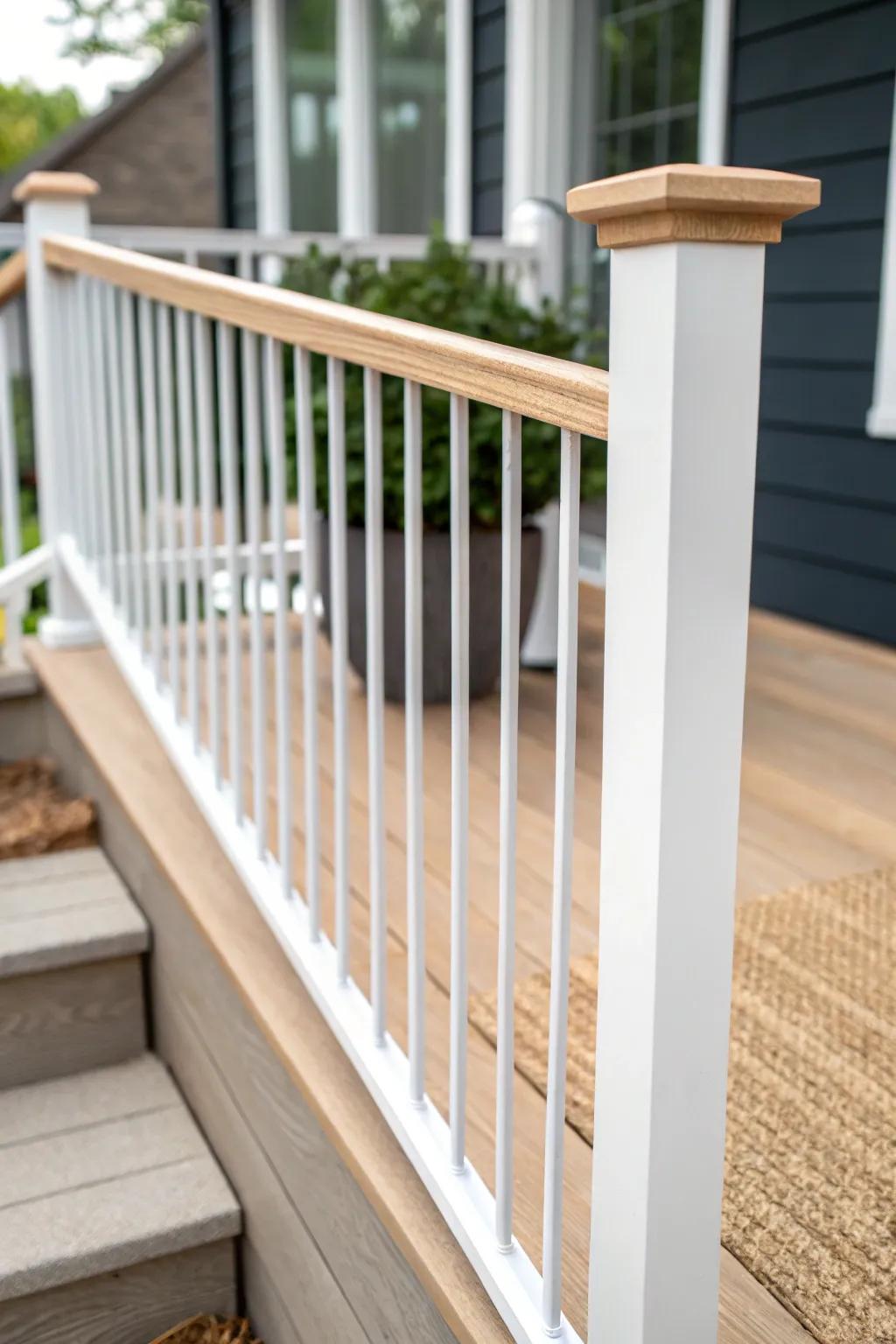 Airy railing refresh: matte white + slim balusters that open up the tiniest front deck.