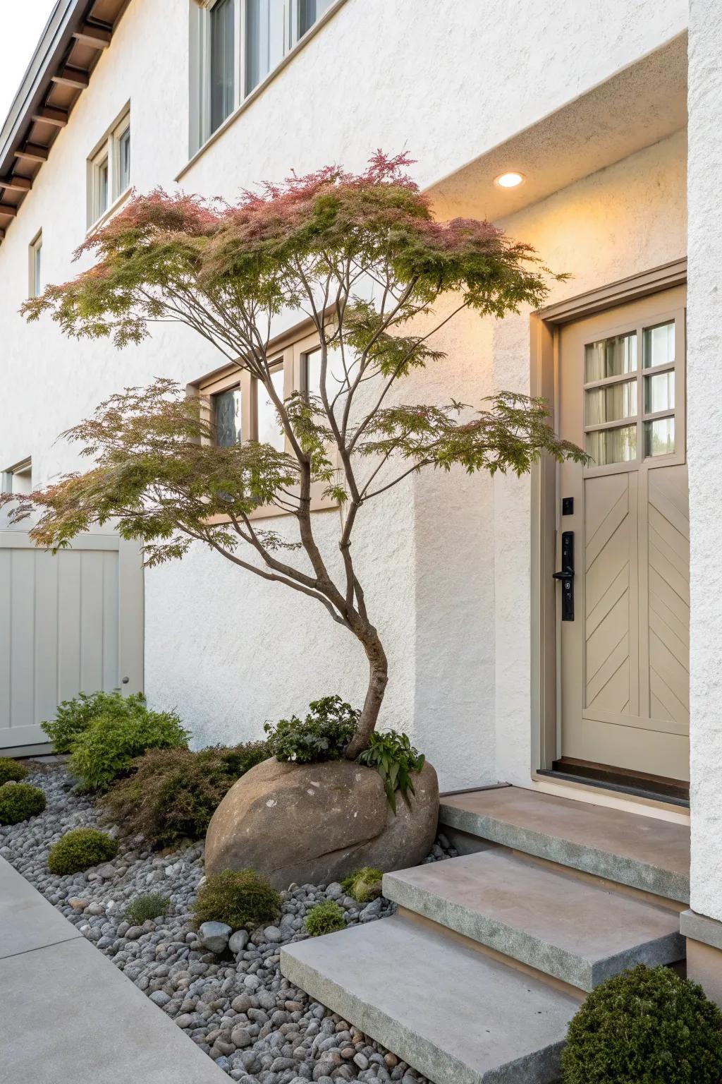 One compact statement tree adds instant charm to a small townhouse front yard.