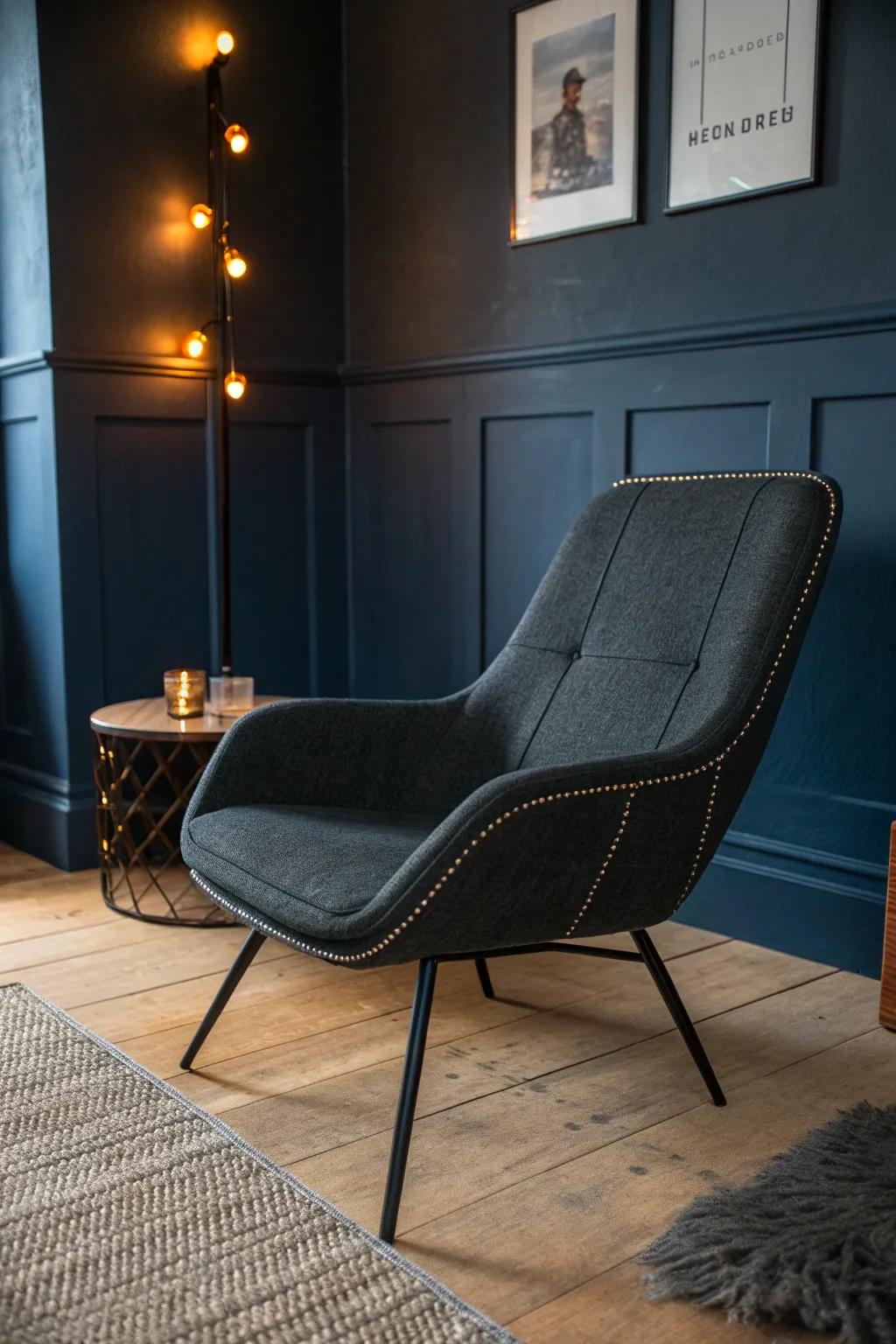 Dark charcoal + navy makes a tiny gaming nook feel like a cozy cave—screens and lights pop.