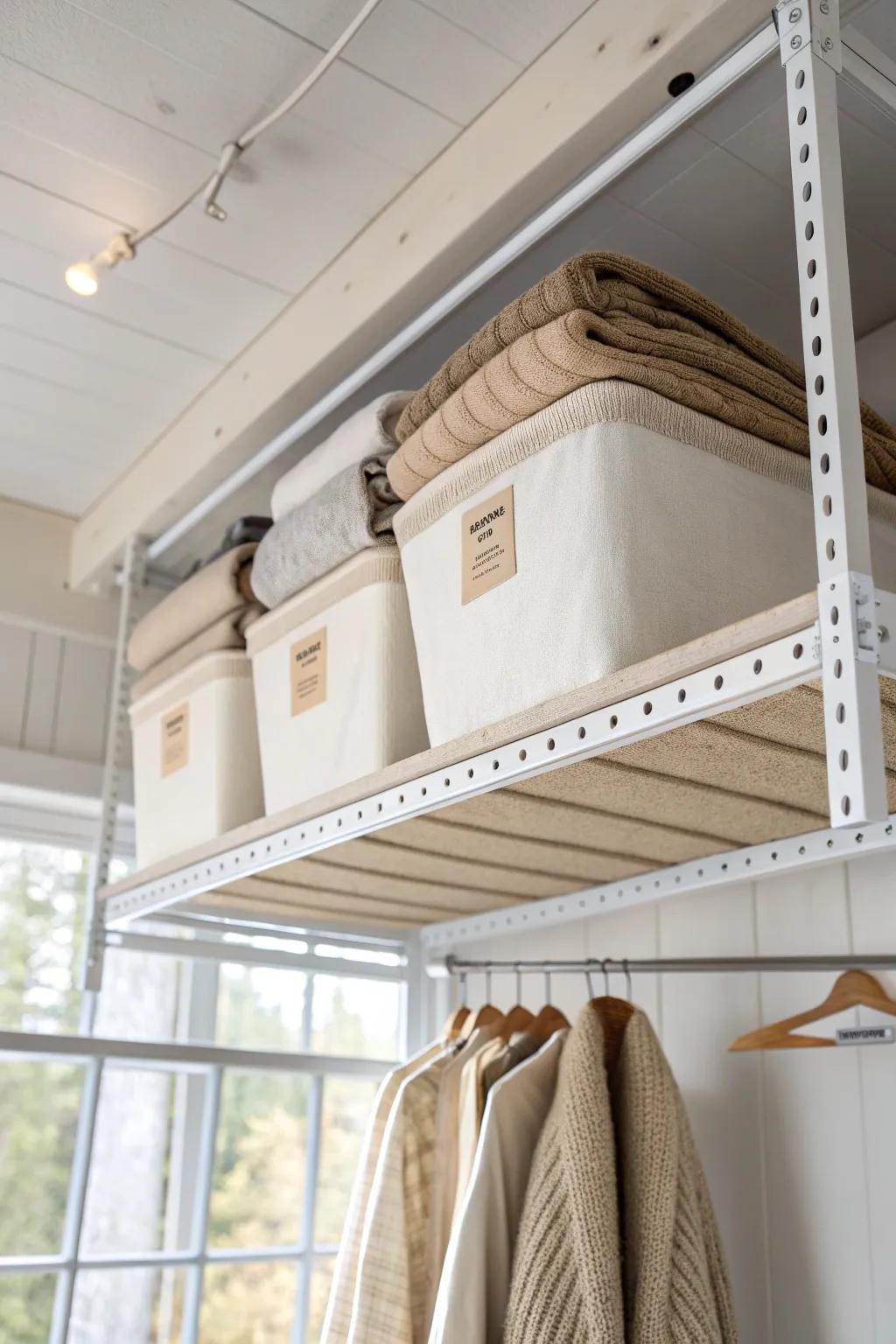 Overhead racks keep seasonal bins up high—freeing floor space without feeling cramped.