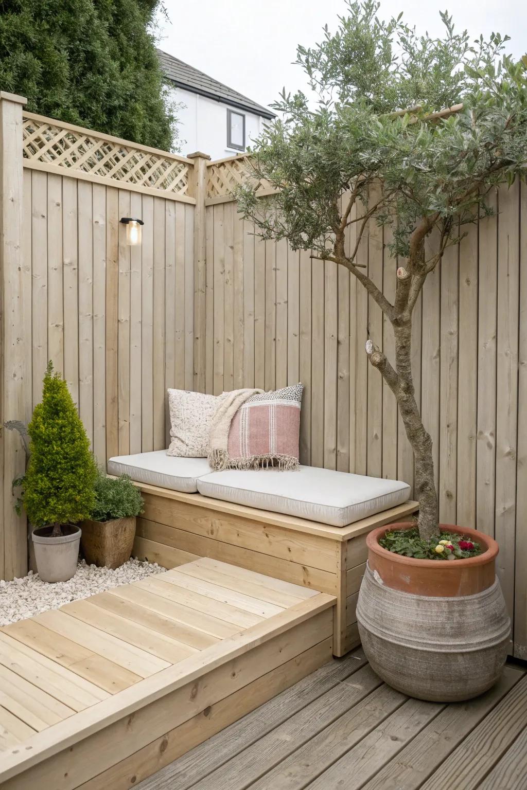 A tiny corner deck nook between fences—private, sunlit, and perfectly minimalist-boho.
