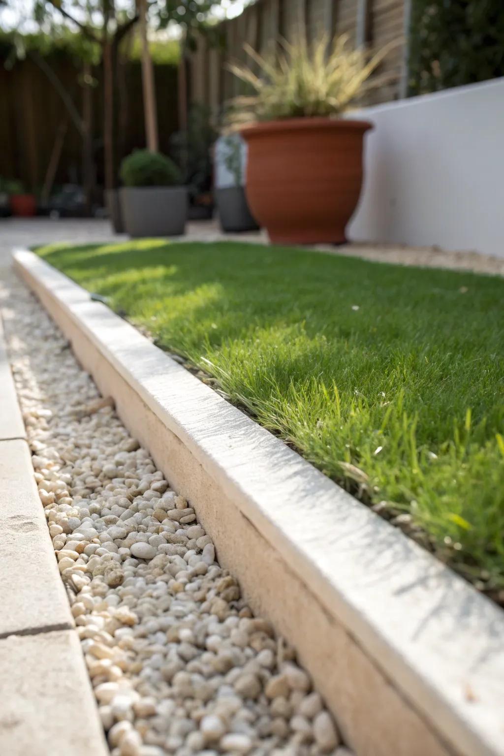 Crisp gravel edging makes artificial grass look finished—and keeps soil off the turf.