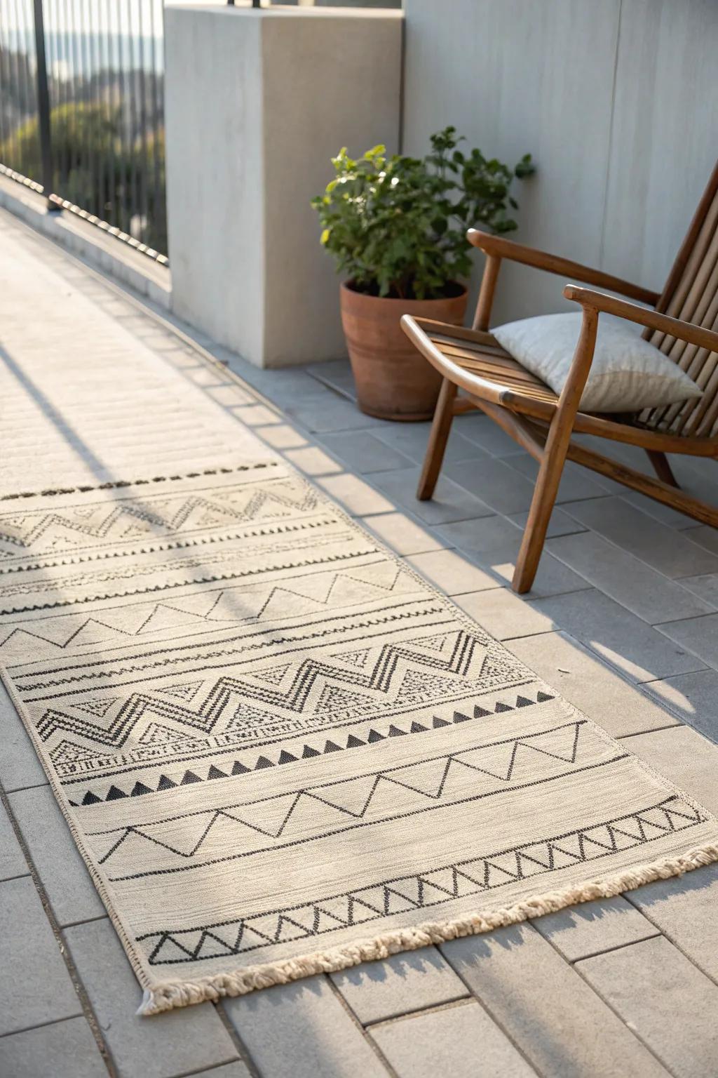 A woven outdoor rug defines a cozy lounge zone—instantly turning a small patio into a room.