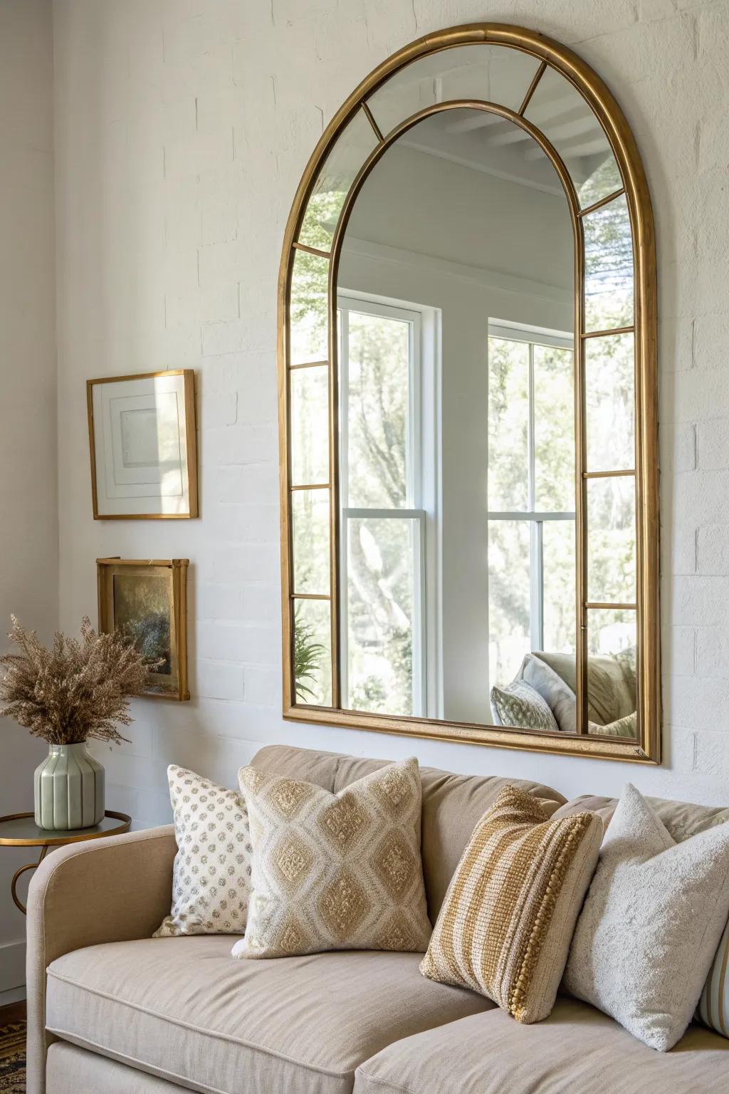 A brass-framed mirror adds instant symmetry—making a small living room feel calm and glam.